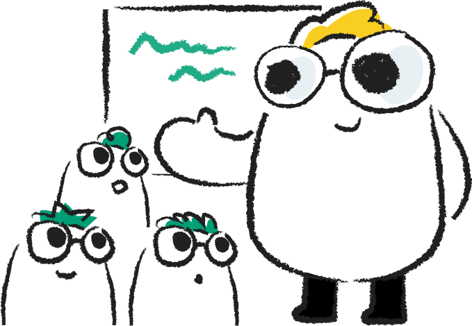 Tiny teaching students in front of a whiteboard